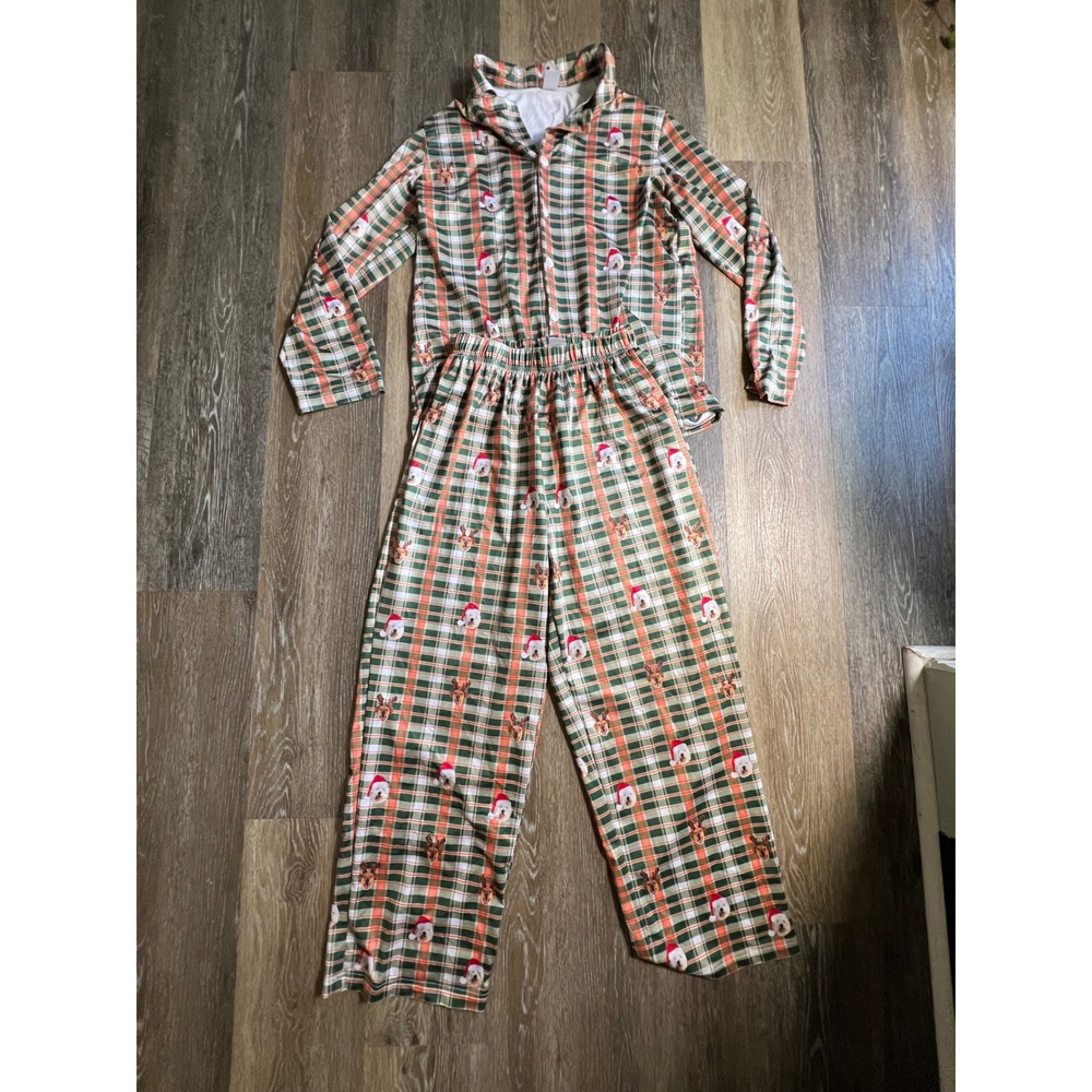 Pet Face Pajamas Set Womens Medium Green Orange Plaid Excellent Christmas Dog
